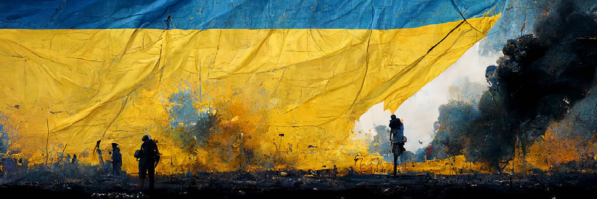 flag of Ukraine, frayed with figures walking